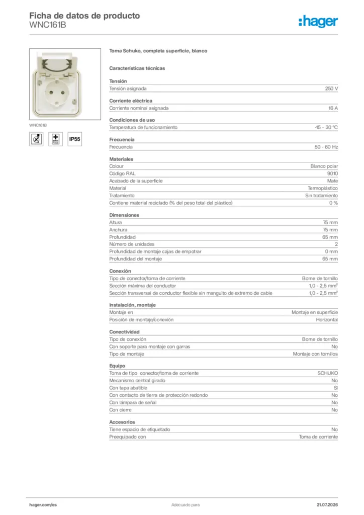 Imagen Hager Ficha de datos de producto WNC161B | Hager España