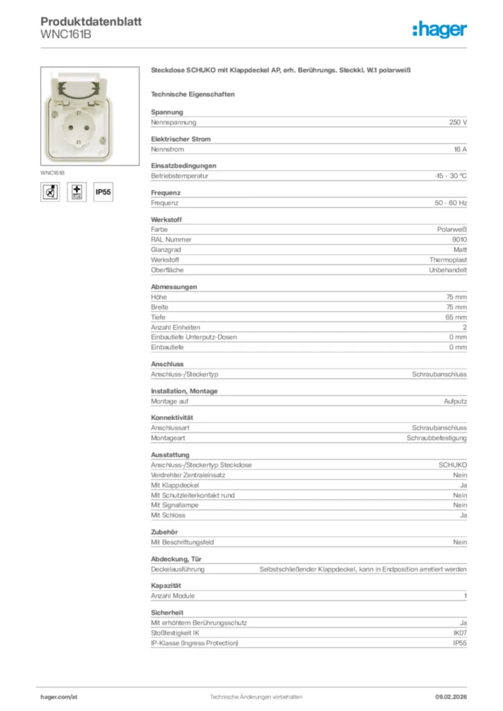 Bild Hager Produktdatenblatt WNC161B | Hager Deutschland