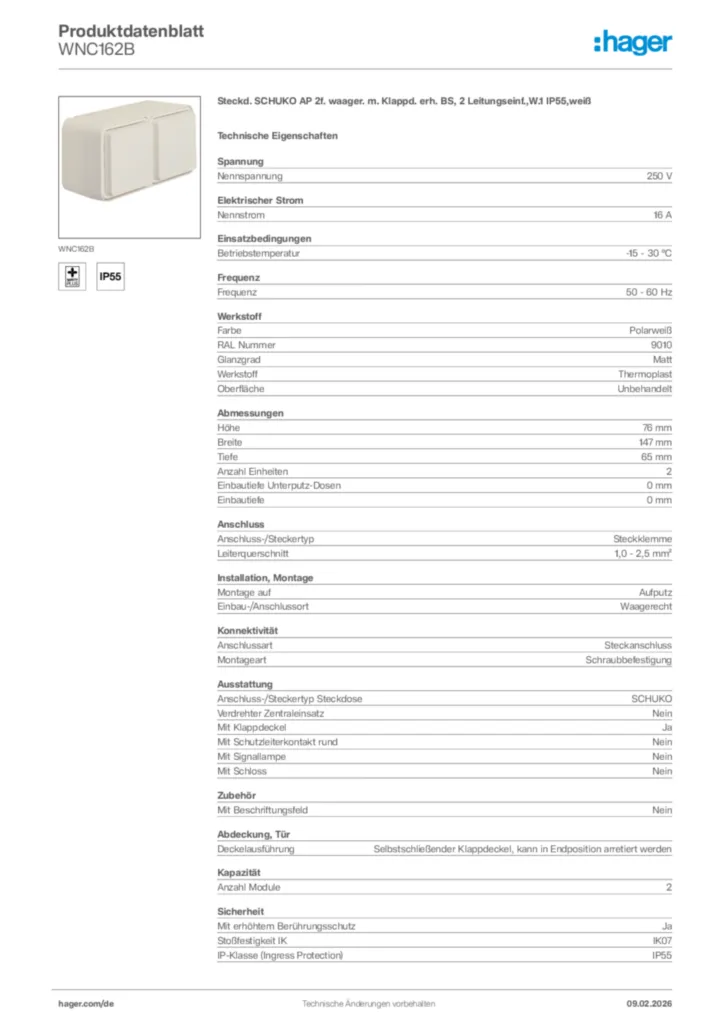 Bild Hager Produktdatenblatt WNC162B | Hager Deutschland