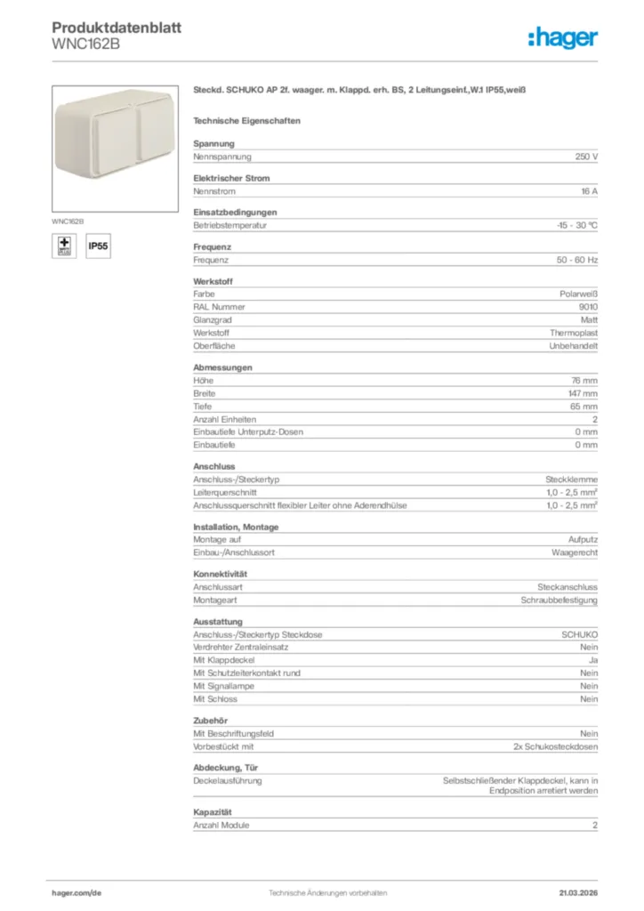 Bild Hager Produktdatenblatt WNC162B | Hager Deutschland