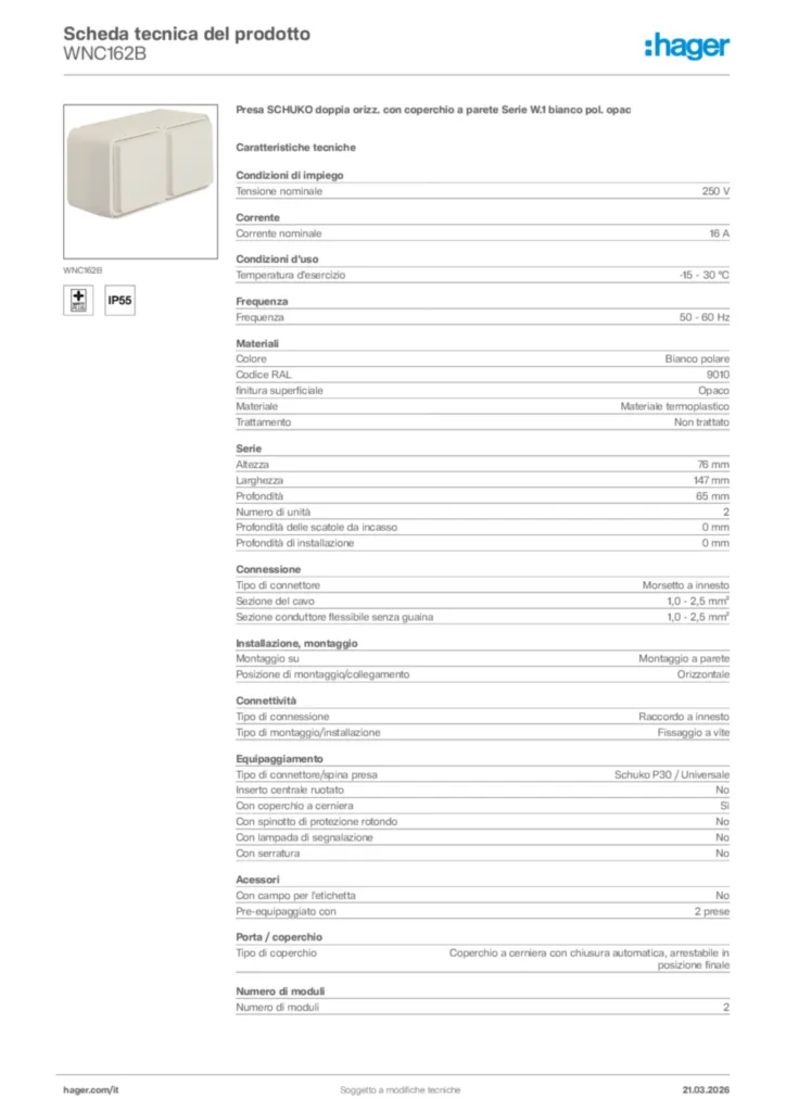 Immagine Hager Scheda tecnica del prodotto WNC162B | Hager Italia
