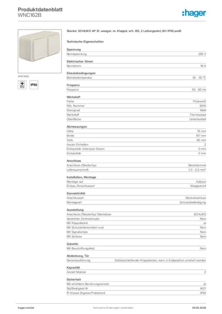 Bild Hager Produktdatenblatt WNC162B | Hager Deutschland