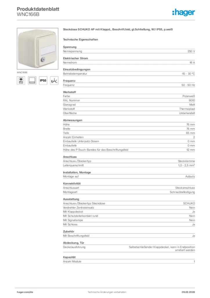 Bild Hager Produktdatenblatt WNC166B | Hager Deutschland