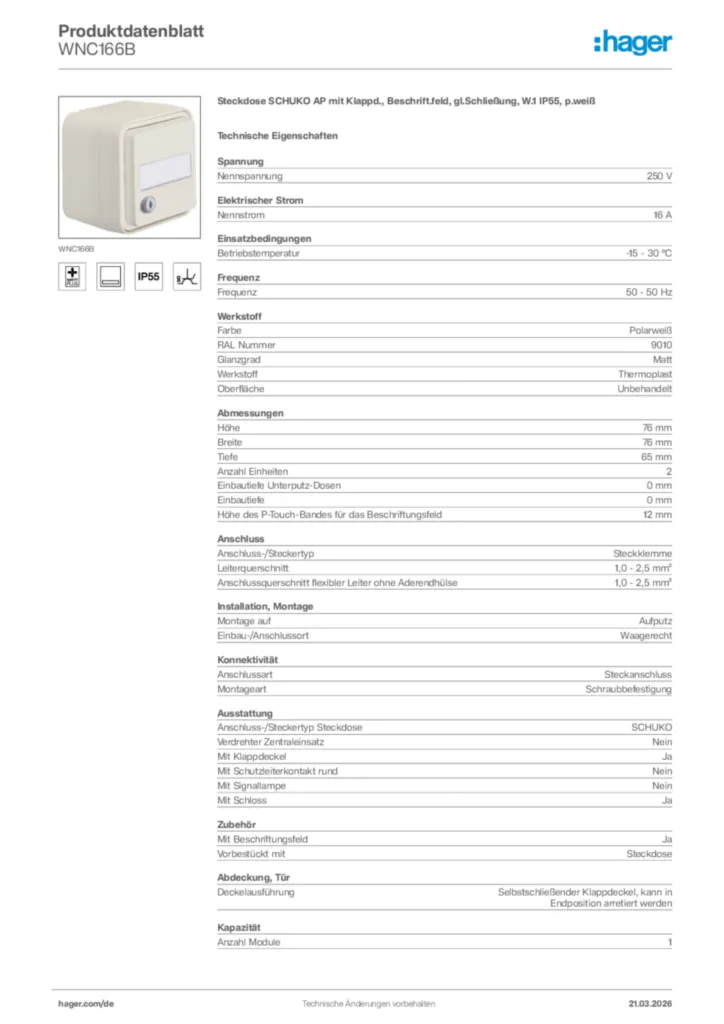 Bild Hager Produktdatenblatt WNC166B | Hager Deutschland