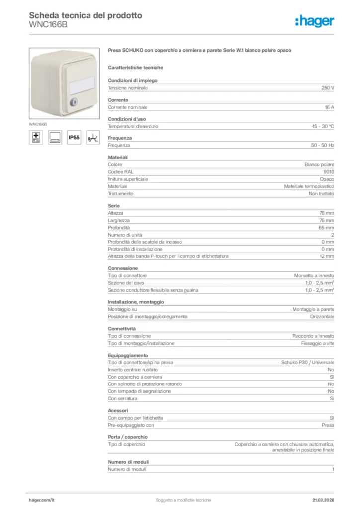 Immagine Hager Scheda tecnica del prodotto WNC166B | Hager Italia