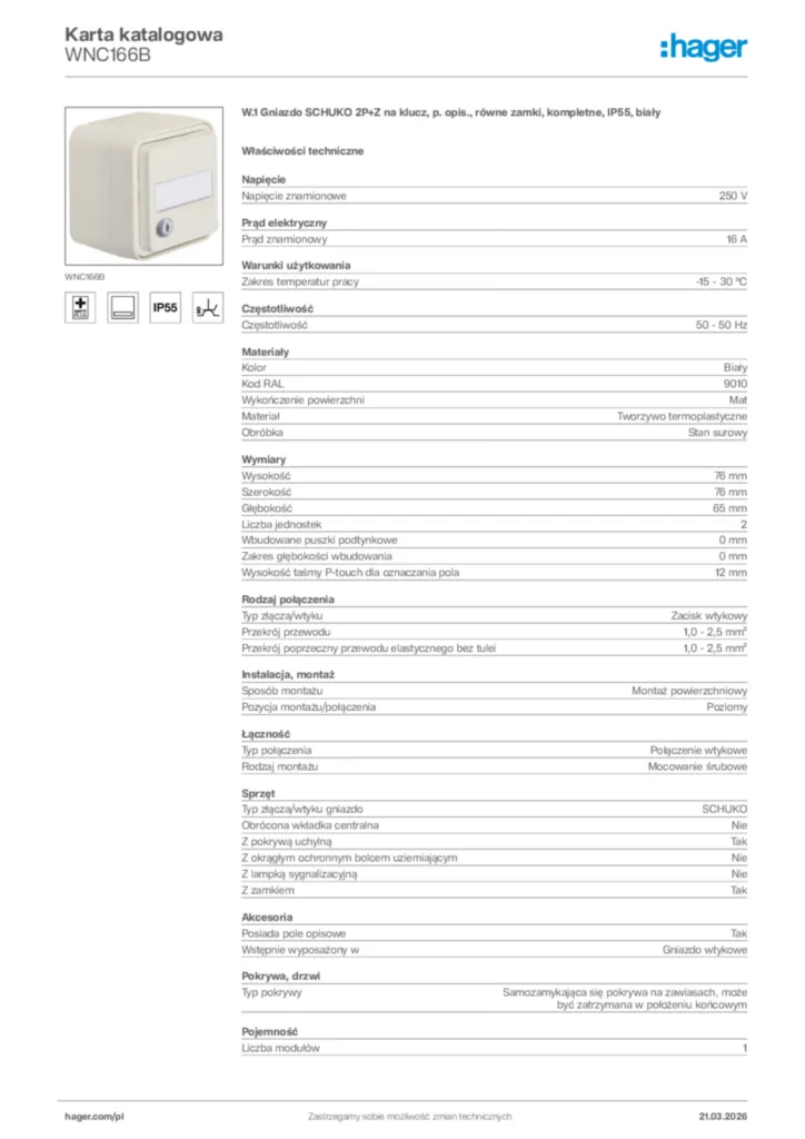Zdjęcie Hager Karta katalogowa WNC166B | Hager Polska
