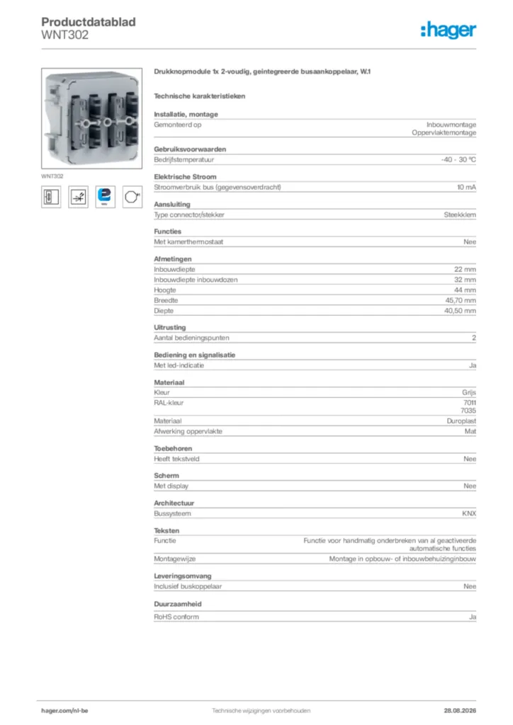 Afbeelding Hager Productdatablad WNT302 | Hager Belgium