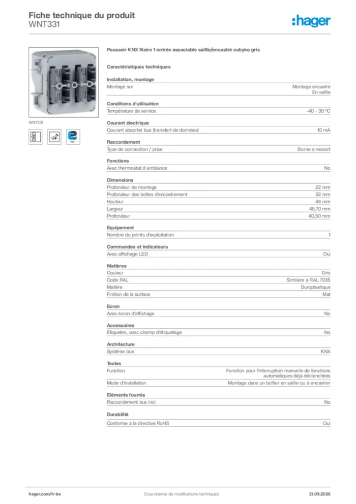 Image Hager Fiche technique du produit WNT331 | Hager Belgique