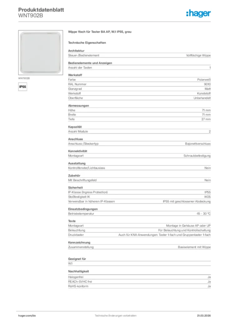 Bild Hager Produktdatenblatt WNT902B | Hager Deutschland