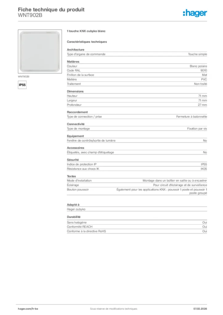 Image Hager Fiche technique du produit WNT902B | Hager Belgique
