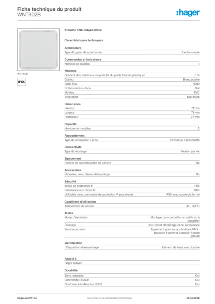 Image Hager Fiche technique du produit WNT902B | Hager Belgique