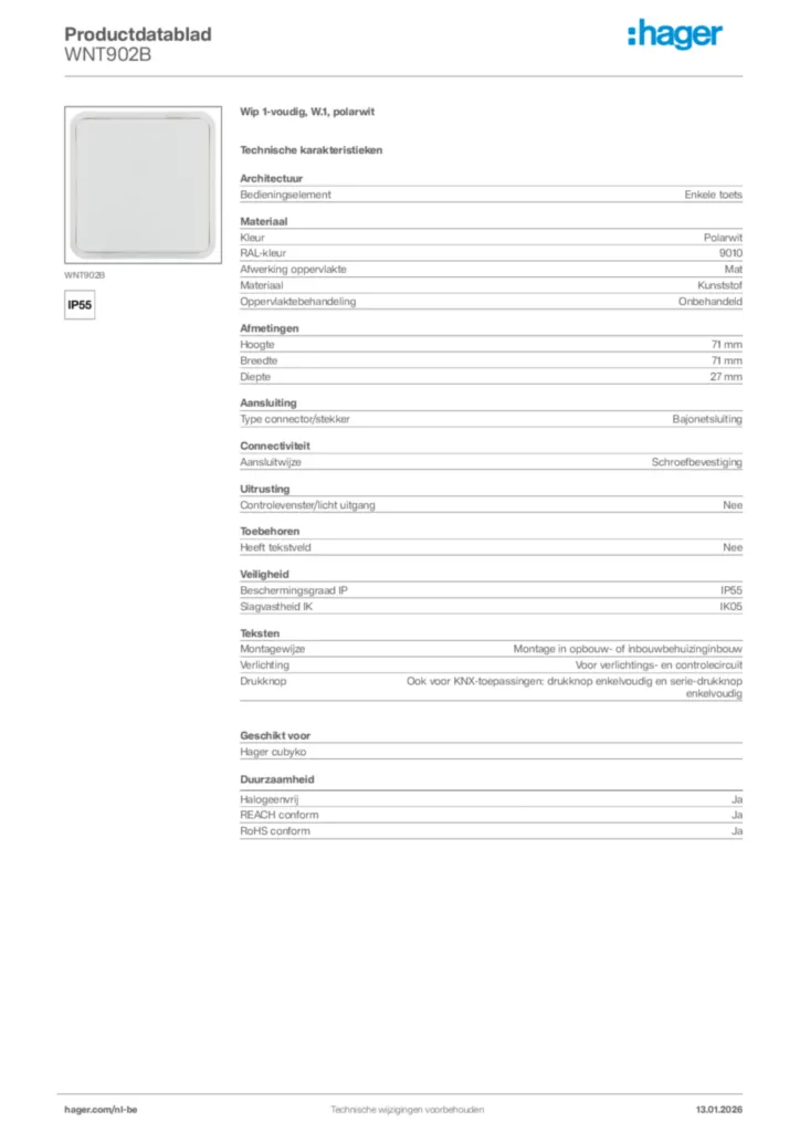 Afbeelding Hager Productdatablad WNT902B | Hager Belgium