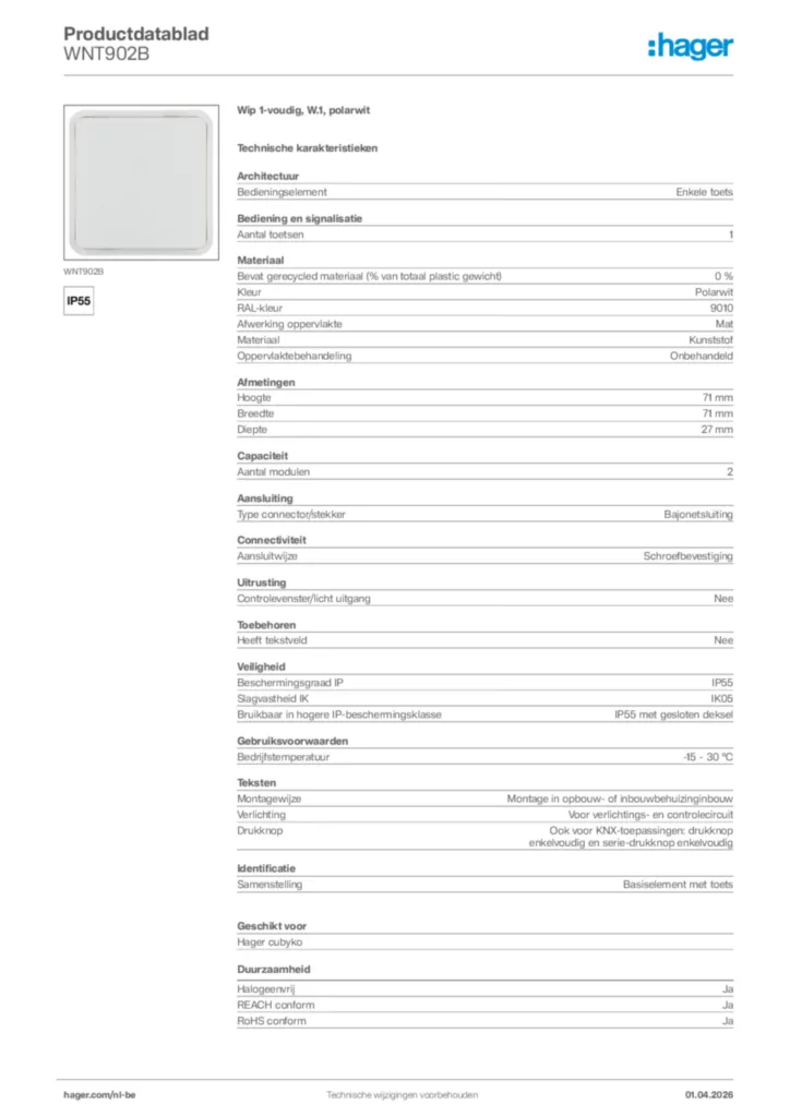 Afbeelding Hager Productdatablad WNT902B | Hager Belgium