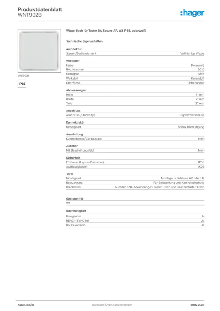 Bild Hager Produktdatenblatt WNT902B | Hager Deutschland