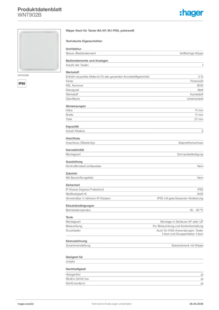 Bild Hager Produktdatenblatt WNT902B | Hager Deutschland