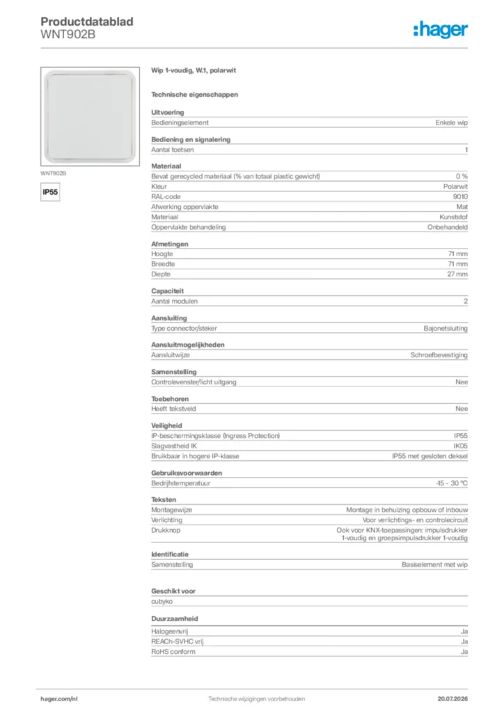 Afbeelding Hager Productdatablad WNT902B | Hager Nederland