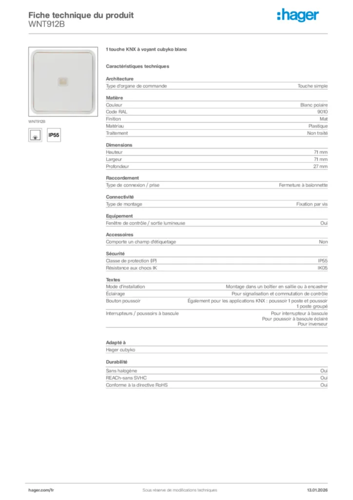 Image Hager Fiche technique du produit WNT912B | Hager France