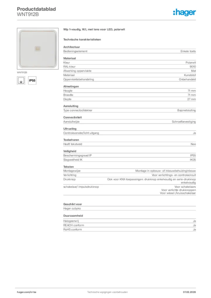 Afbeelding Hager Productdatablad WNT912B | Hager Belgium