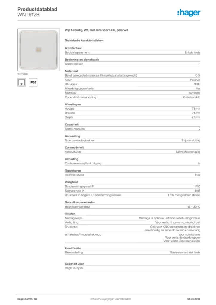 Afbeelding Hager Productdatablad WNT912B | Hager Belgium