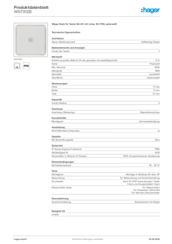 Bild Hager Produktdatenblatt WNT912B | Hager Deutschland