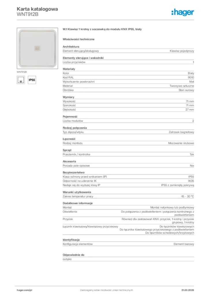 Zdjęcie Hager Karta katalogowa WNT912B | Hager Polska