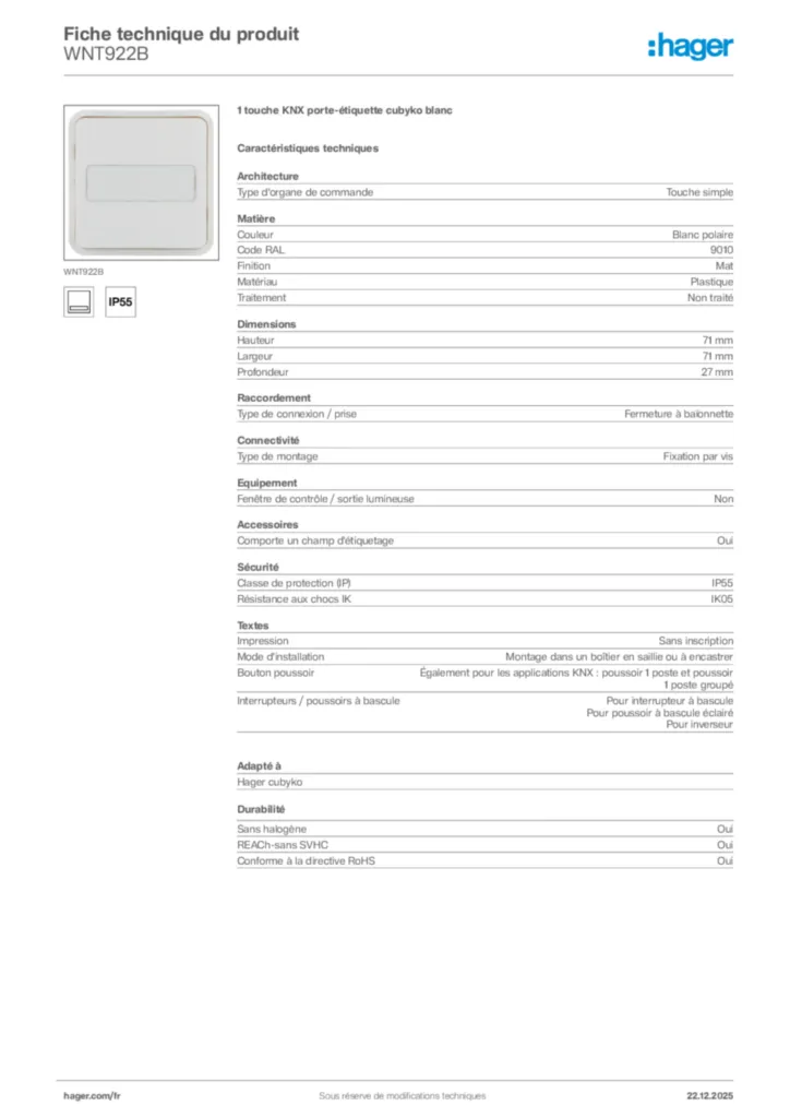 Image Hager Fiche technique du produit WNT922B | Hager France