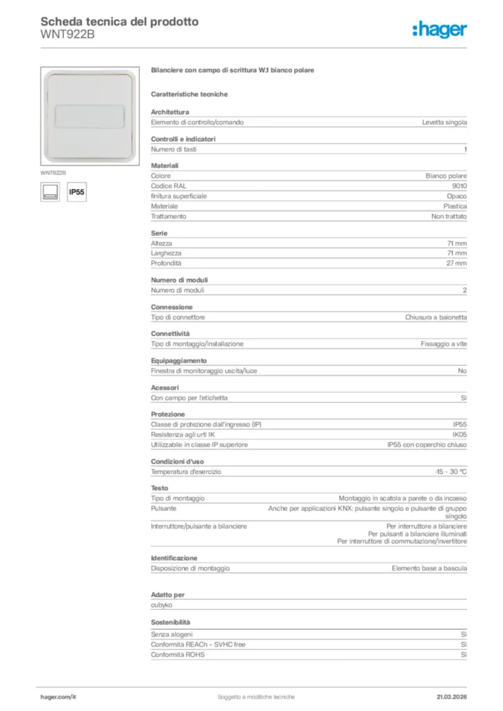 Immagine Hager Scheda tecnica del prodotto WNT922B | Hager Italia