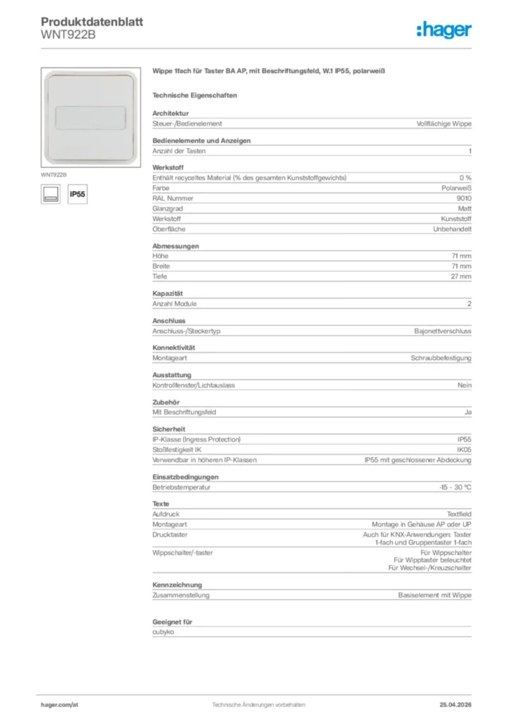 Bild Hager Produktdatenblatt WNT922B | Hager Deutschland