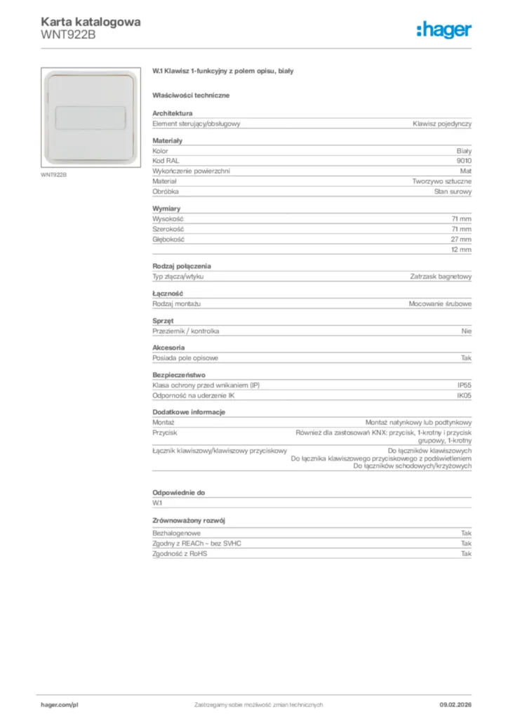 Zdjęcie Hager Karta katalogowa WNT922B | Hager Polska