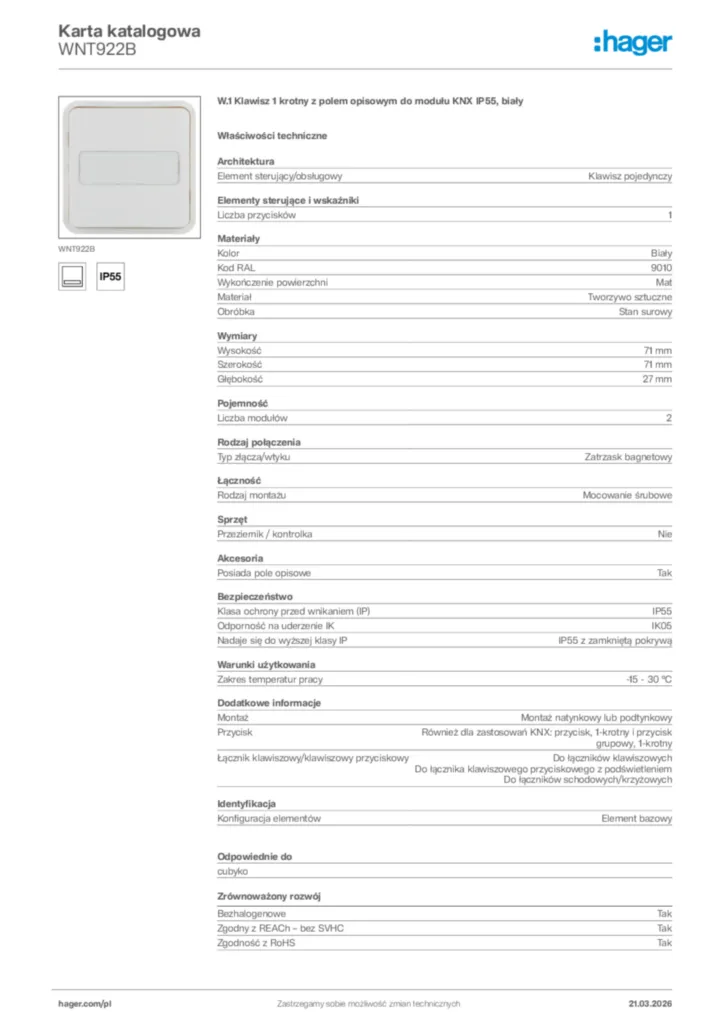 Zdjęcie Hager Karta katalogowa WNT922B | Hager Polska