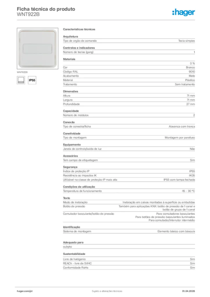 Imagem Hager Ficha técnica do produto WNT922B | Hager Portugal