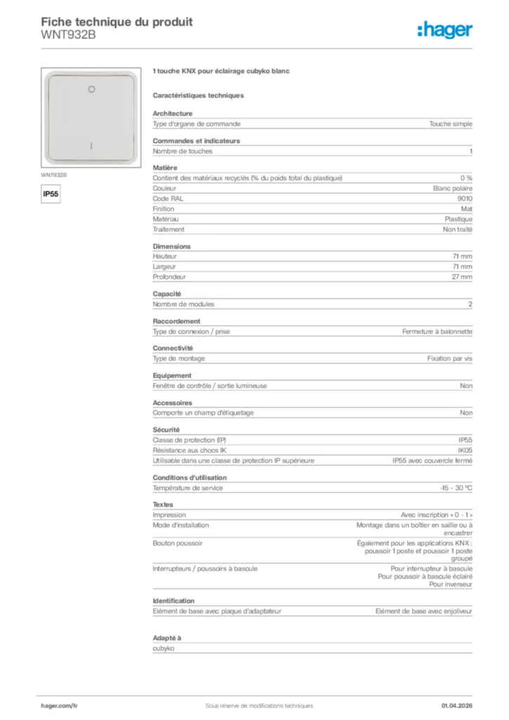 Image Hager Fiche technique du produit WNT932B | Hager France