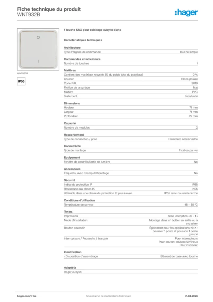 Image Hager Fiche technique du produit WNT932B | Hager Belgique