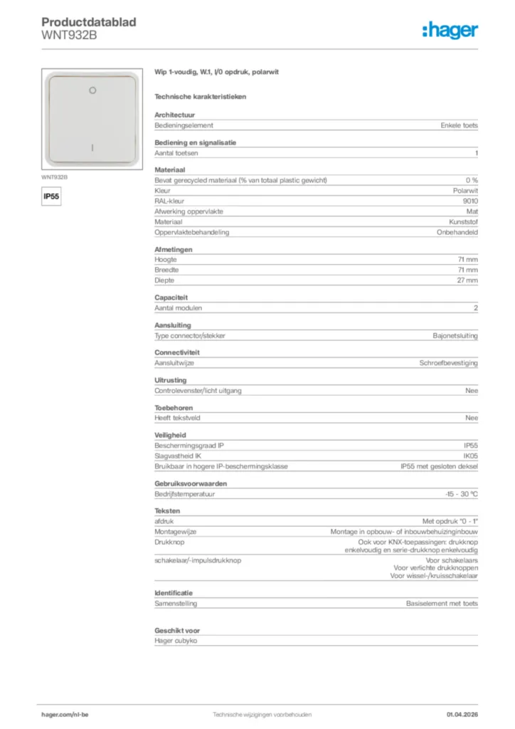 Afbeelding Hager Productdatablad WNT932B | Hager Belgium