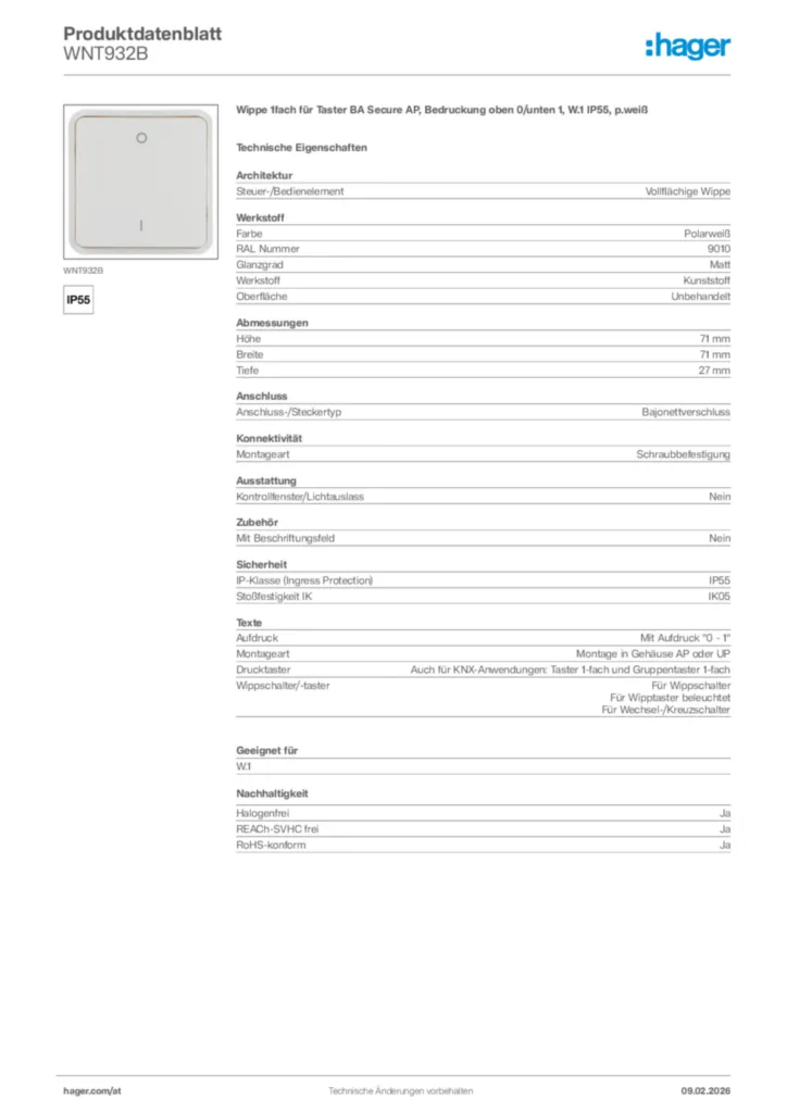 Bild Hager Produktdatenblatt WNT932B | Hager Deutschland