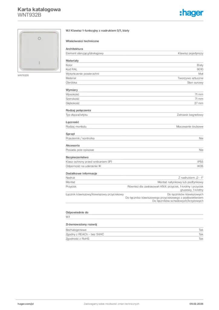 Zdjęcie Hager Karta katalogowa WNT932B | Hager Polska