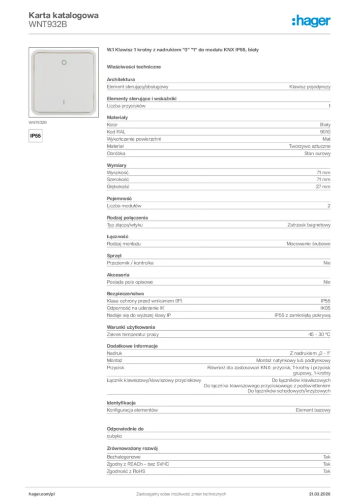Zdjęcie Hager Karta katalogowa WNT932B | Hager Polska
