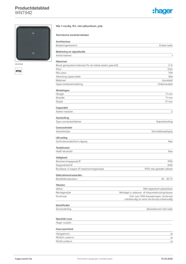 Afbeelding Hager Productdatablad WNT942 | Hager Belgium