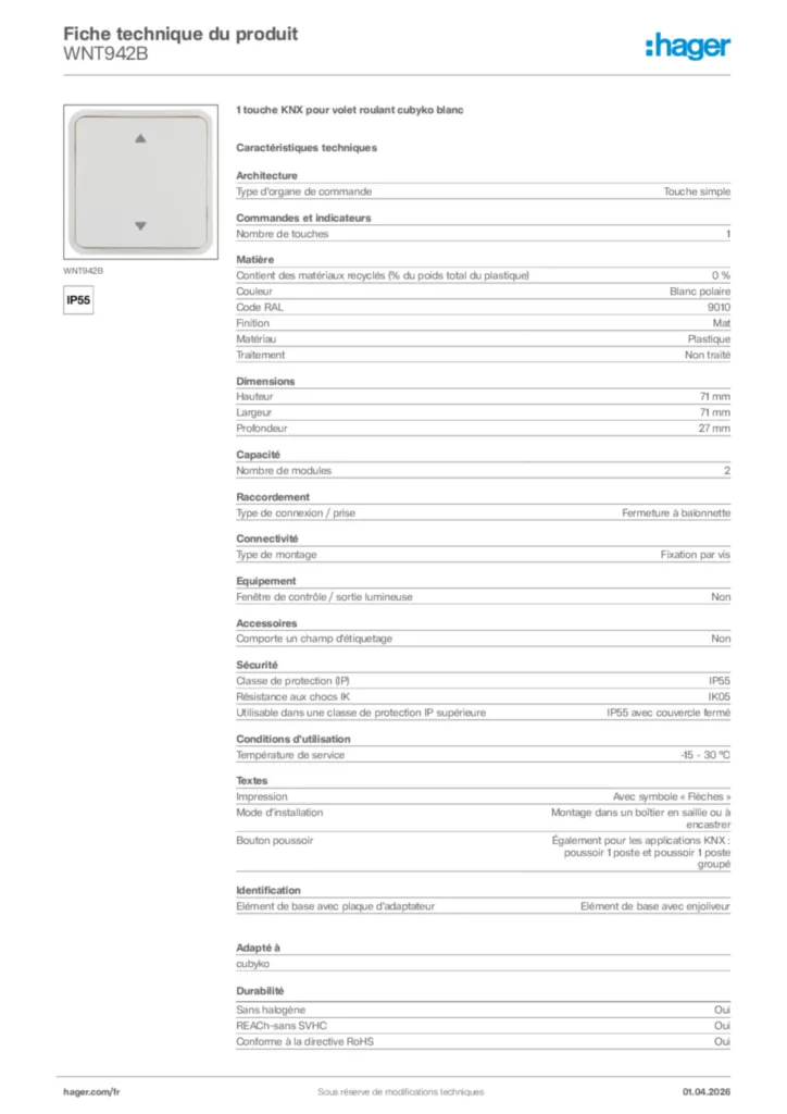 Image Hager Fiche technique du produit WNT942B | Hager France