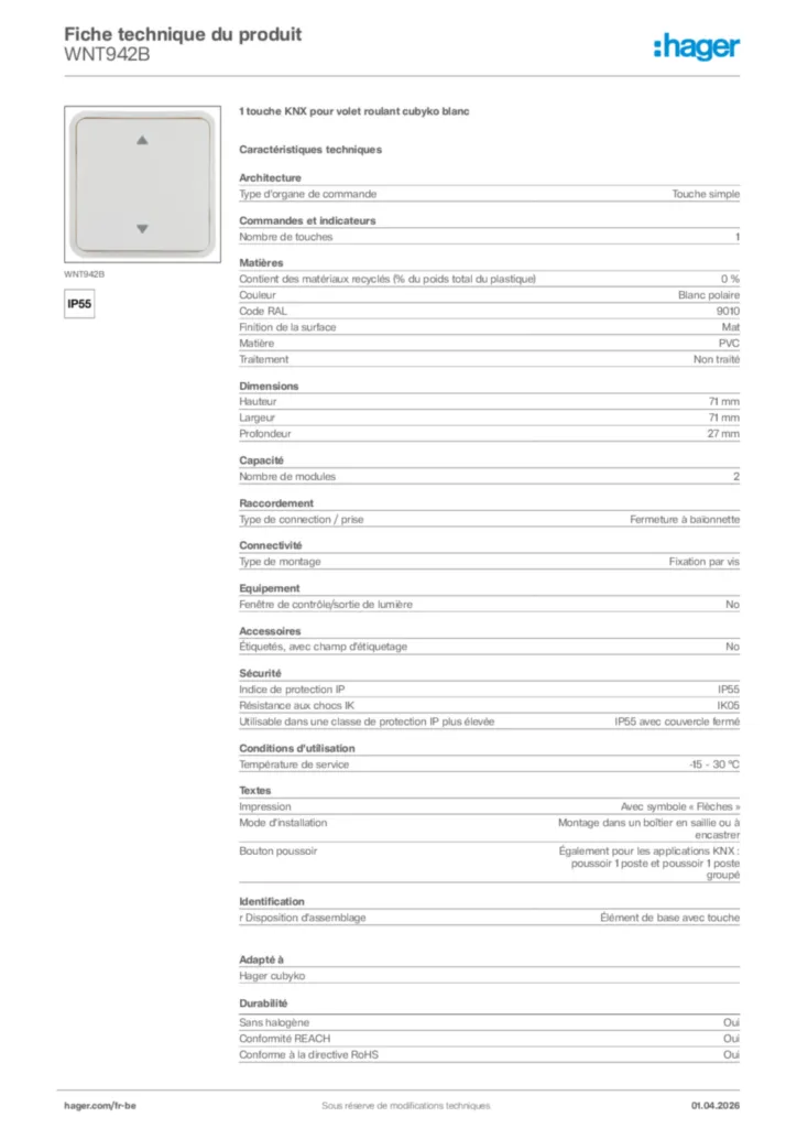 Image Hager Fiche technique du produit WNT942B | Hager Belgique