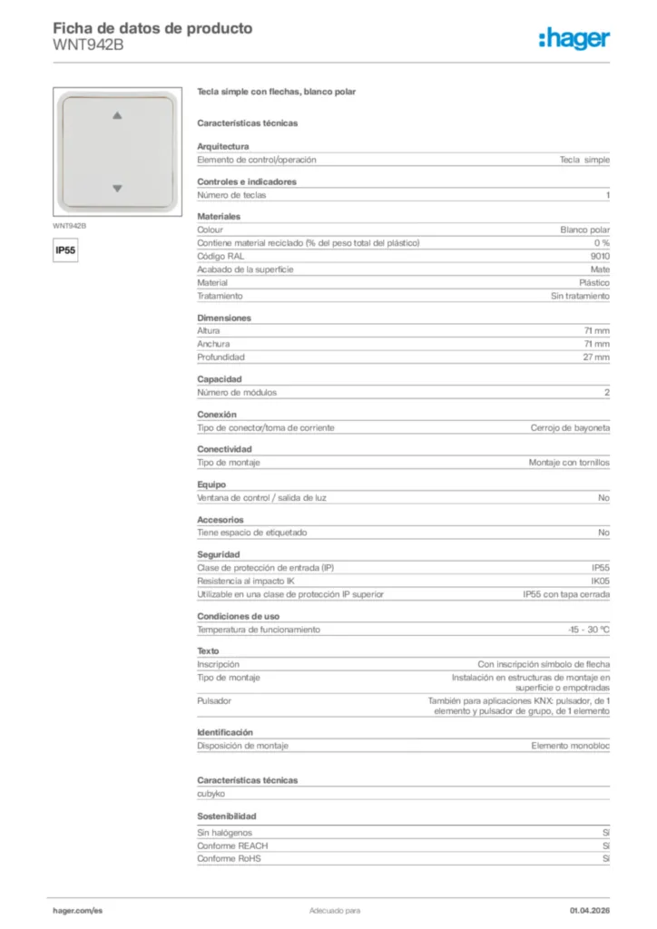 Imagen Hager Ficha de datos de producto WNT942B | Hager España