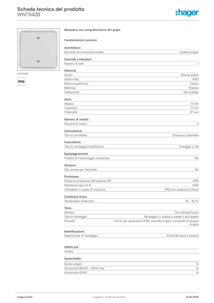 Immagine Hager Scheda tecnica del prodotto WNT942B | Hager Italia