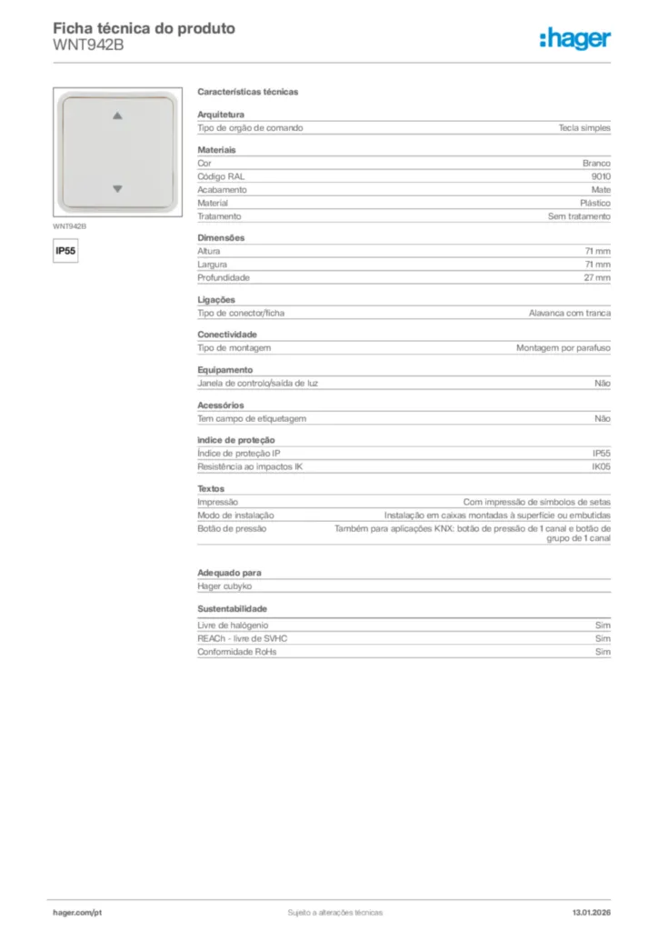 Imagem Hager Ficha técnica do produto WNT942B | Hager Portugal