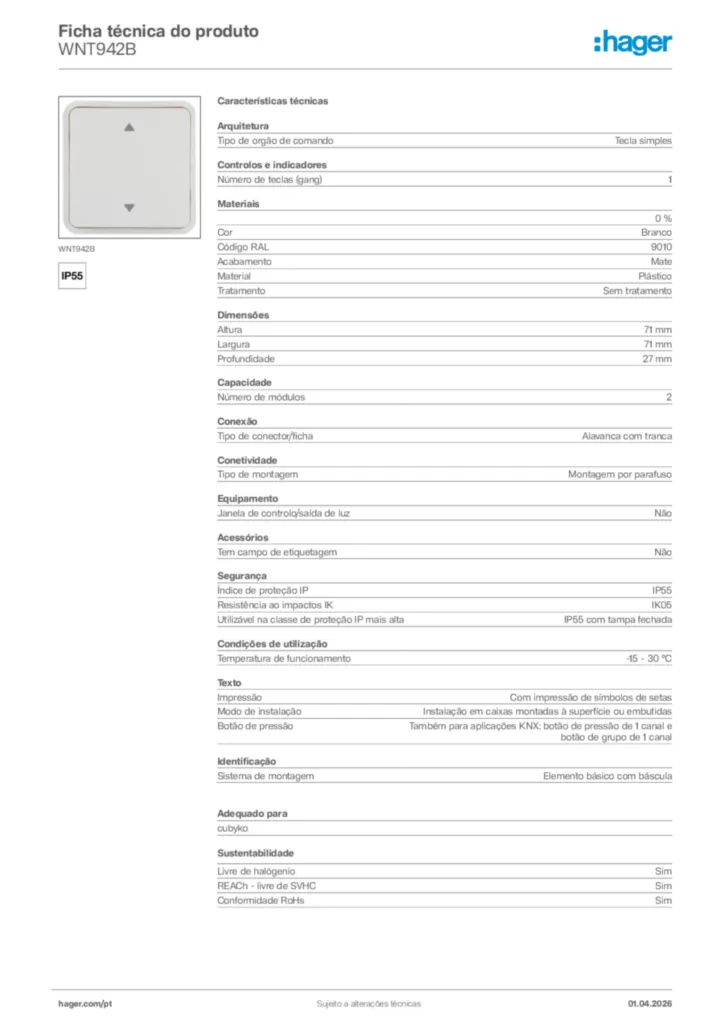 Imagem Hager Ficha técnica do produto WNT942B | Hager Portugal