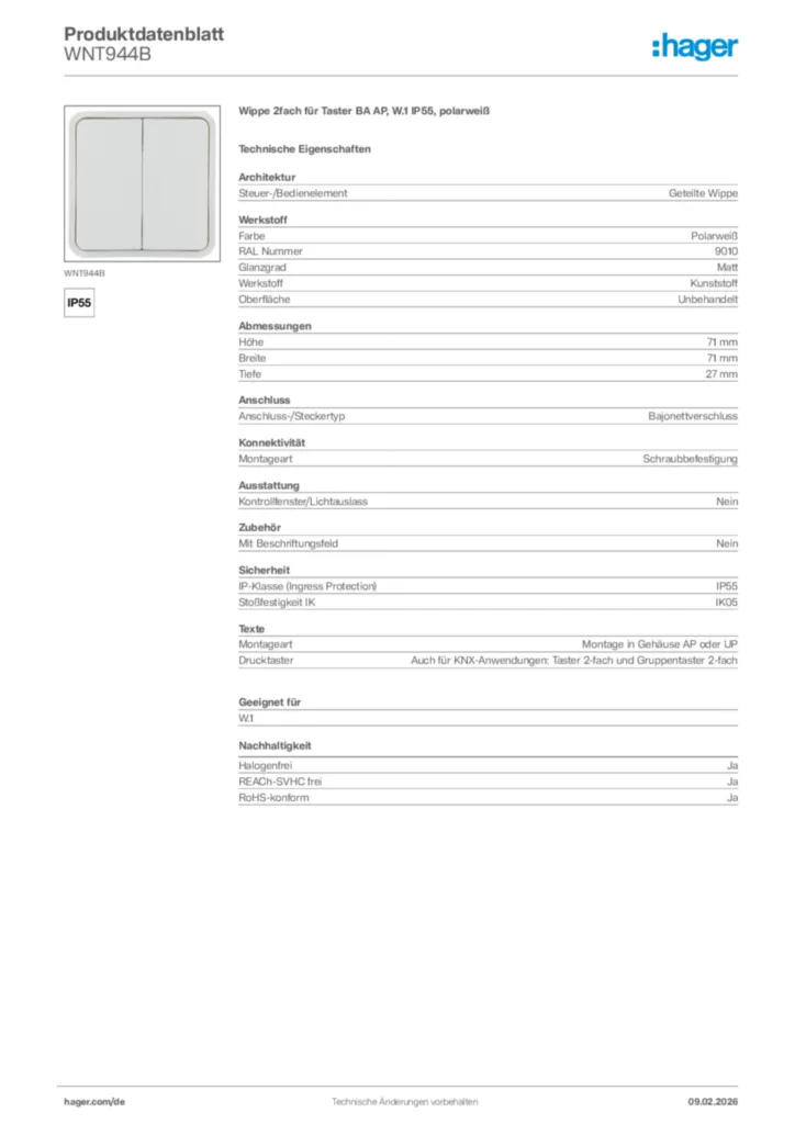 Bild Hager Produktdatenblatt WNT944B | Hager Deutschland