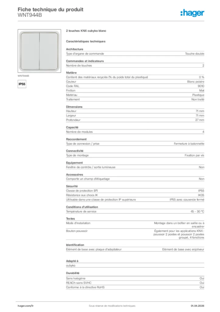 Image Hager Fiche technique du produit WNT944B | Hager France