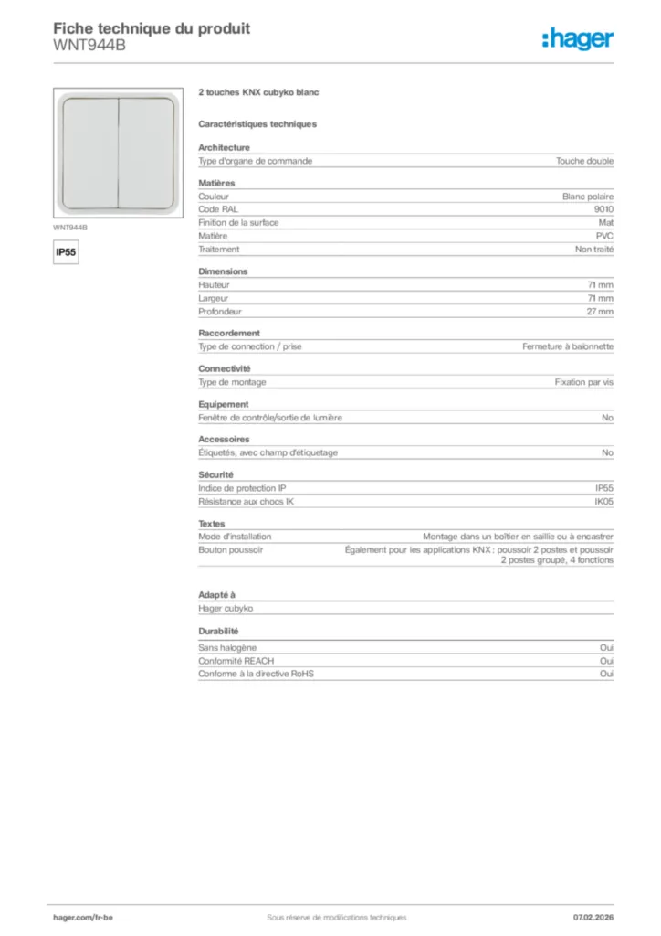 Image Hager Fiche technique du produit WNT944B | Hager Belgique