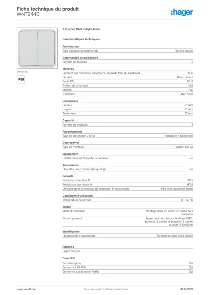 Image Hager Fiche technique du produit WNT944B | Hager Belgique