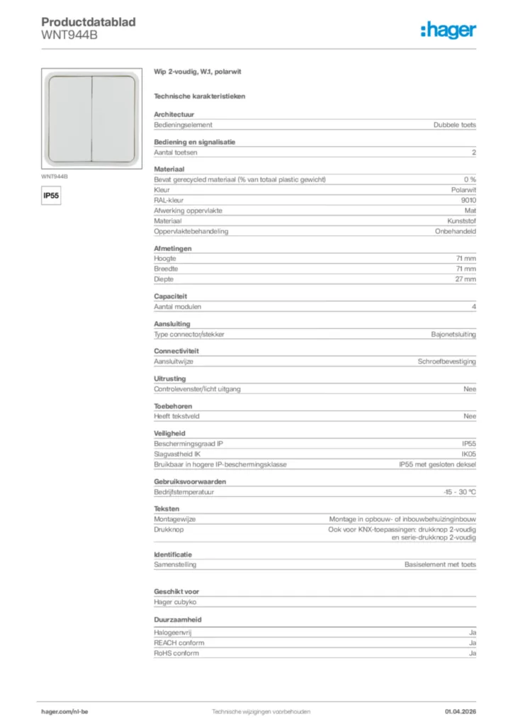 Afbeelding Hager Productdatablad WNT944B | Hager Belgium