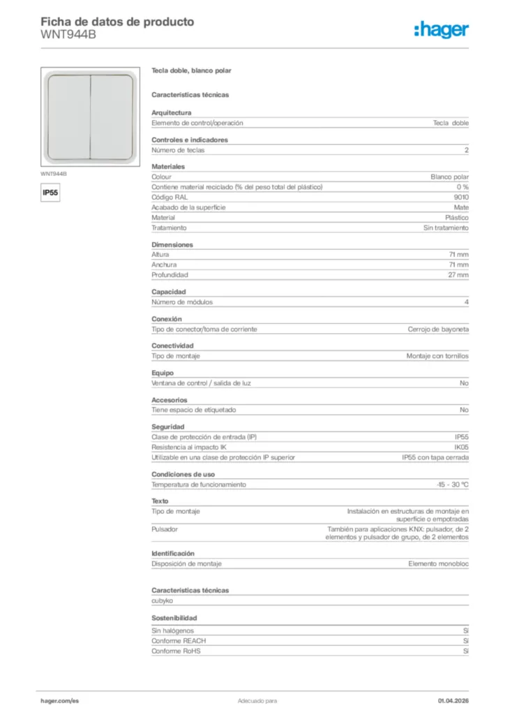 Imagen Hager Ficha de datos de producto WNT944B | Hager España